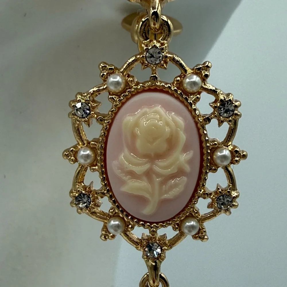 Marchesa Elegant Gold Cameo Rose Drop Earrings w/ Pearls & Crystals - Picture 12 of 16